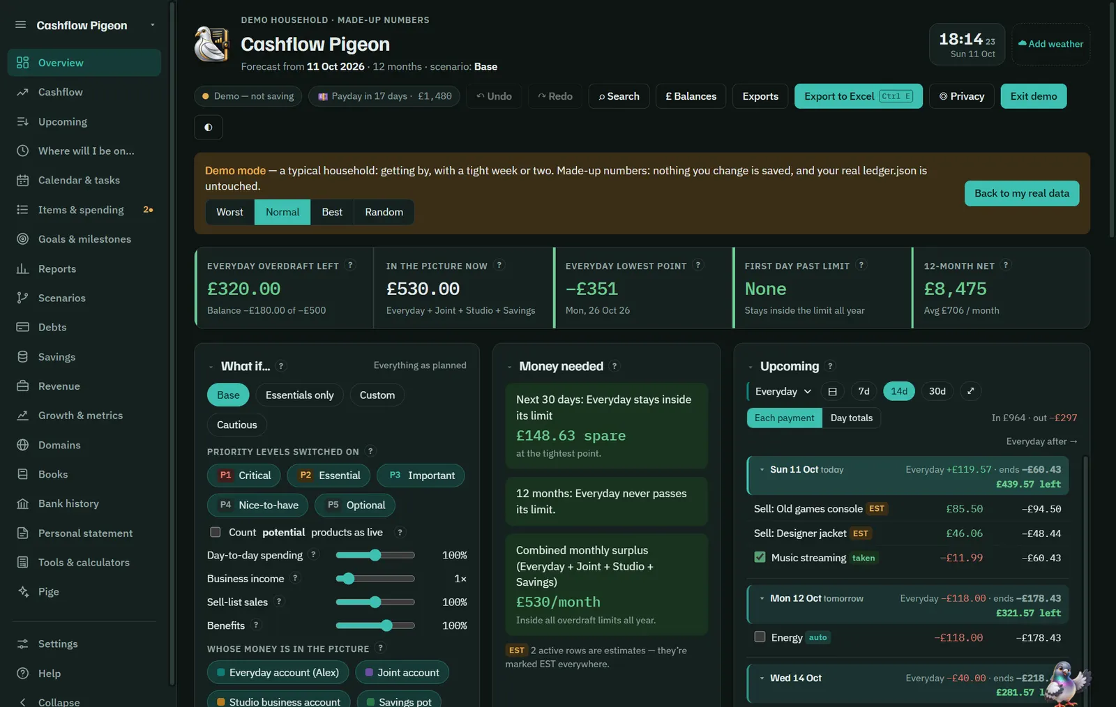 Cashflow Pigeon's Overview in demo mode: headline numbers for overdraft left, money in the picture, the lowest point and the 12-month net, with What if sliders, Money needed and an Upcoming list of payments by day.