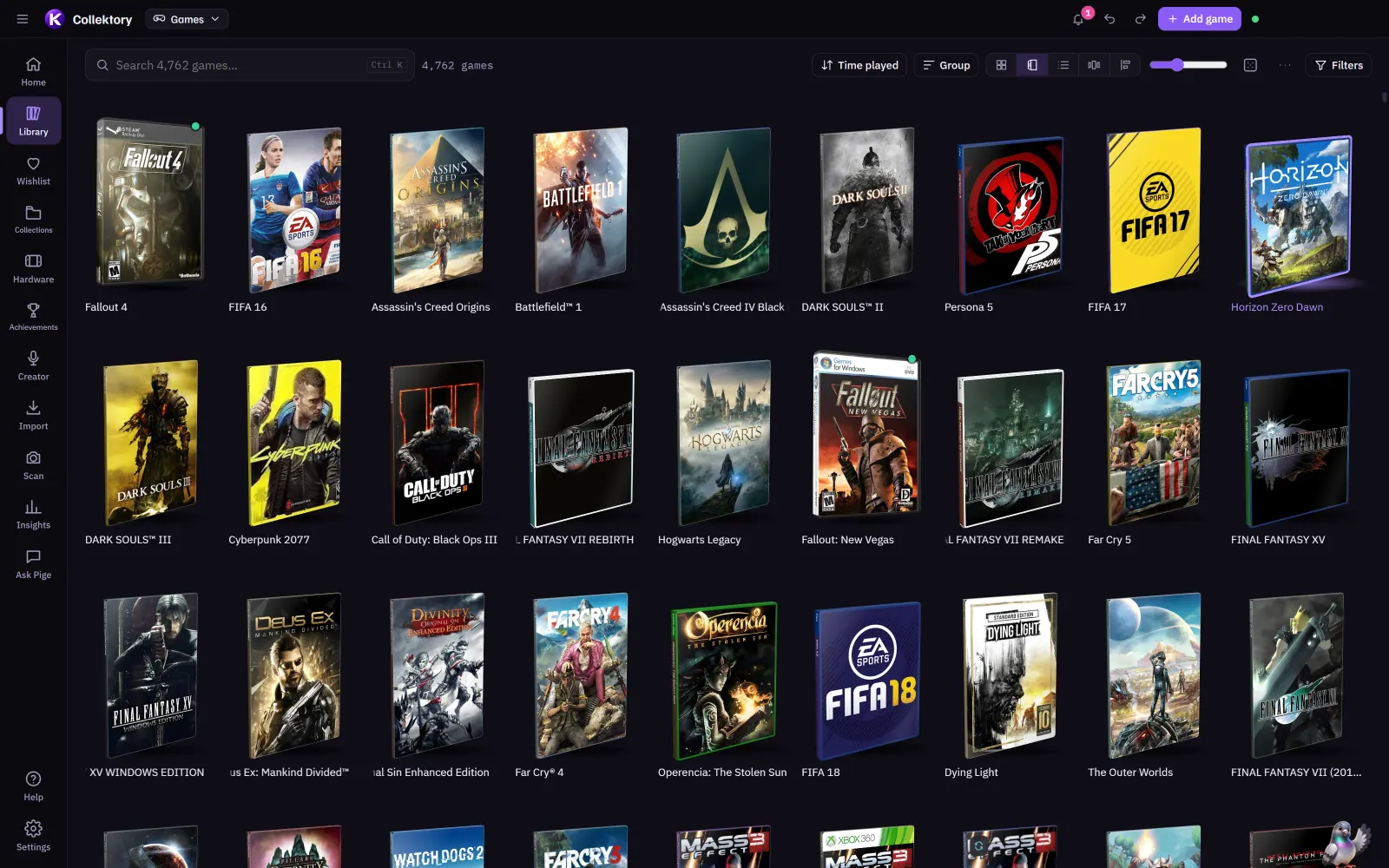 Collektory's Boxes view: a library of games standing up as 3D boxes, each in the right case for its platform.