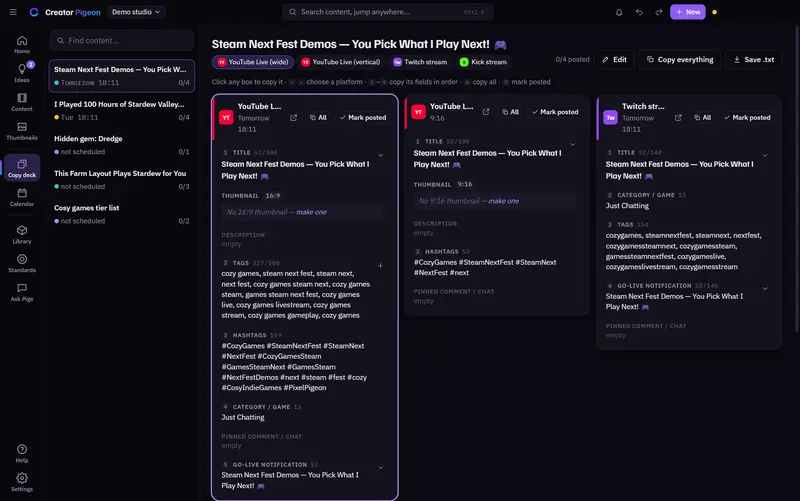 Creator Pigeon's Copy deck for a demo multistream: columns for YouTube Live wide, YouTube Live vertical and Twitch, each with title, tags, hashtags and go-live text ready to copy.