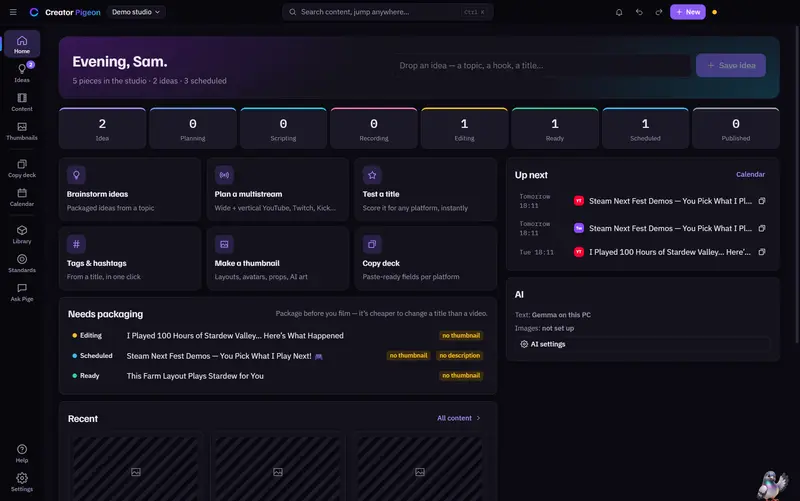 Creator Pigeon's Home page for the demo studio: a pipeline from idea to published, quick tools, what needs packaging and what's up next.