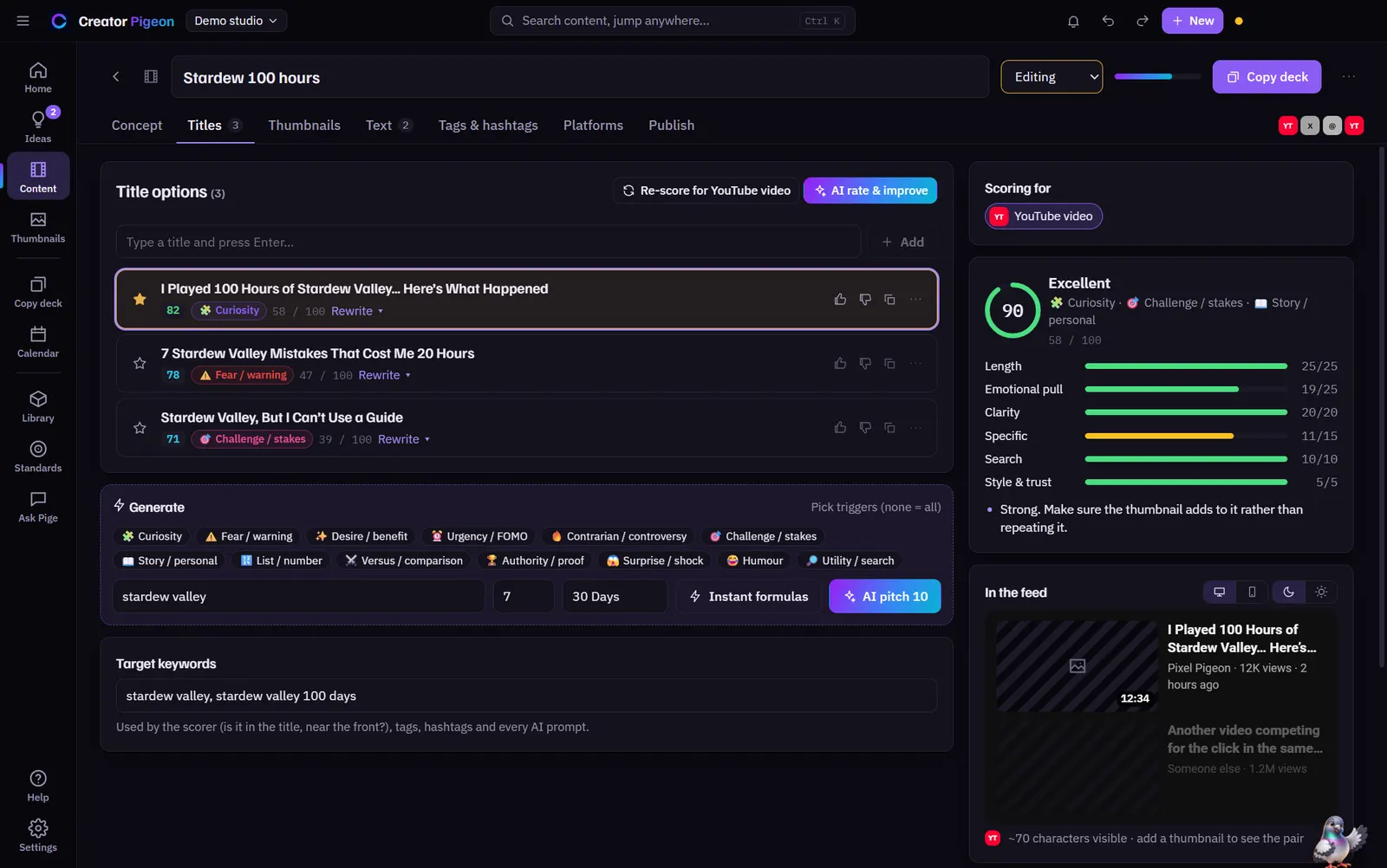 Creator Pigeon's Titles tab for a demo video: three title options with scores and emotional triggers, a 90 out of 100 score breakdown for YouTube, and formula buttons for generating more.